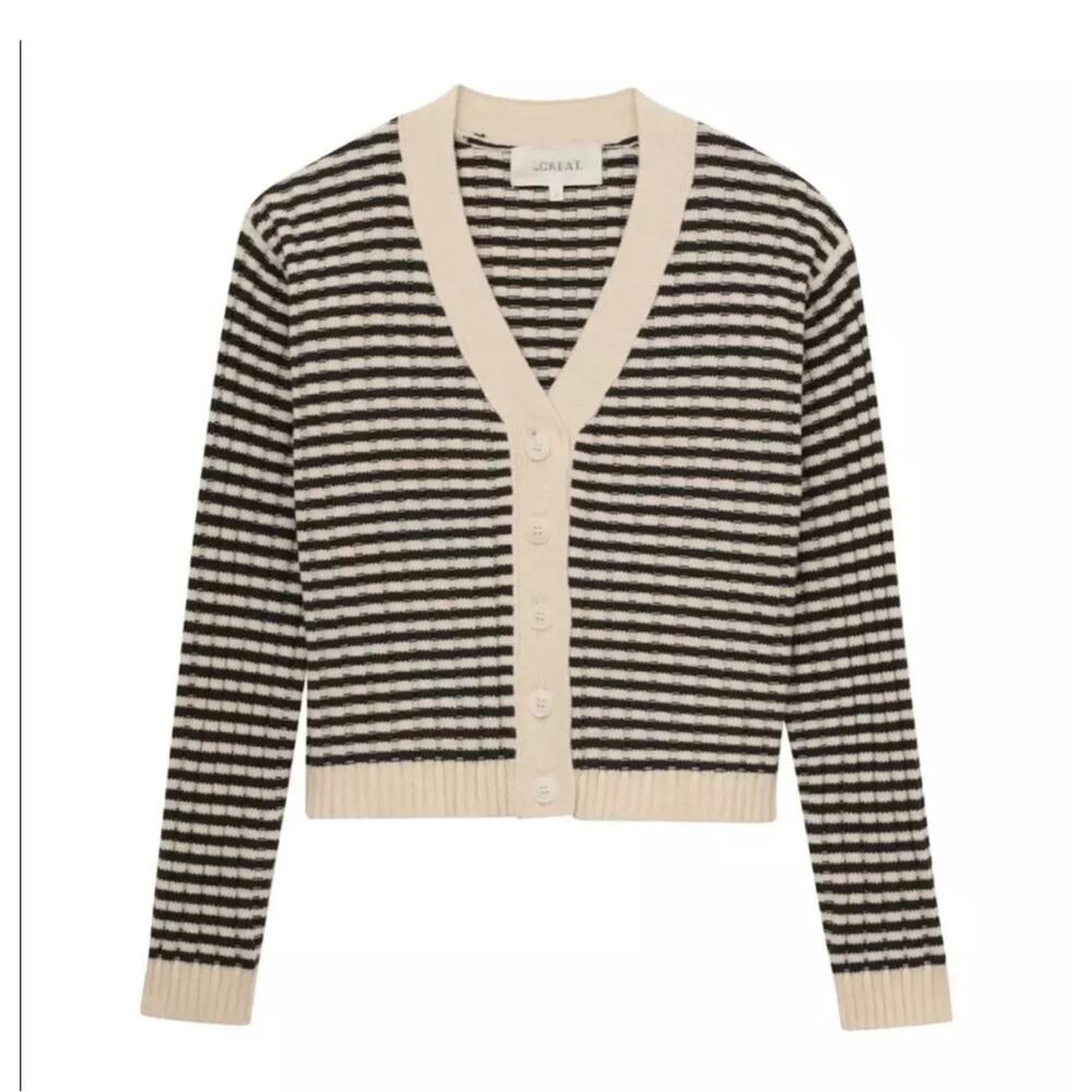 THE GREAT. Mini Striped Cropped Woodsmoke Brown & Cream Cardigan 0/XS